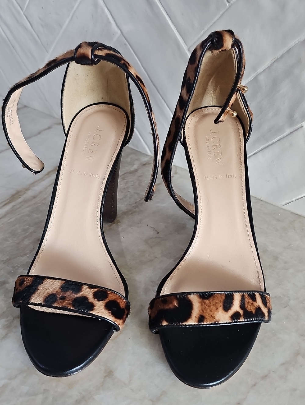 J. Crew Leather Leopard Print Ankle-Strap Heels in Black and Tan